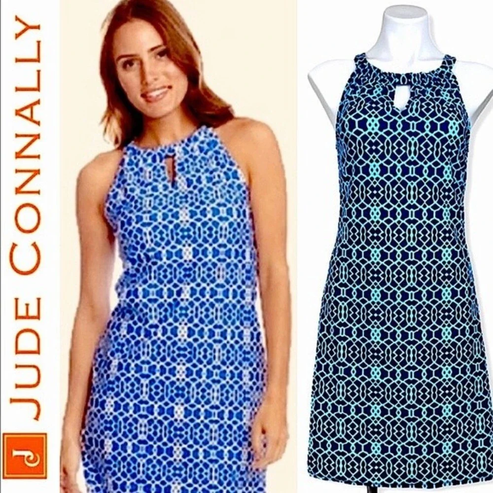 Jude Connally Lisa Blue Print Halter Dress S Coastal Sun Summer Beach Preppy - Picture 3 of 10